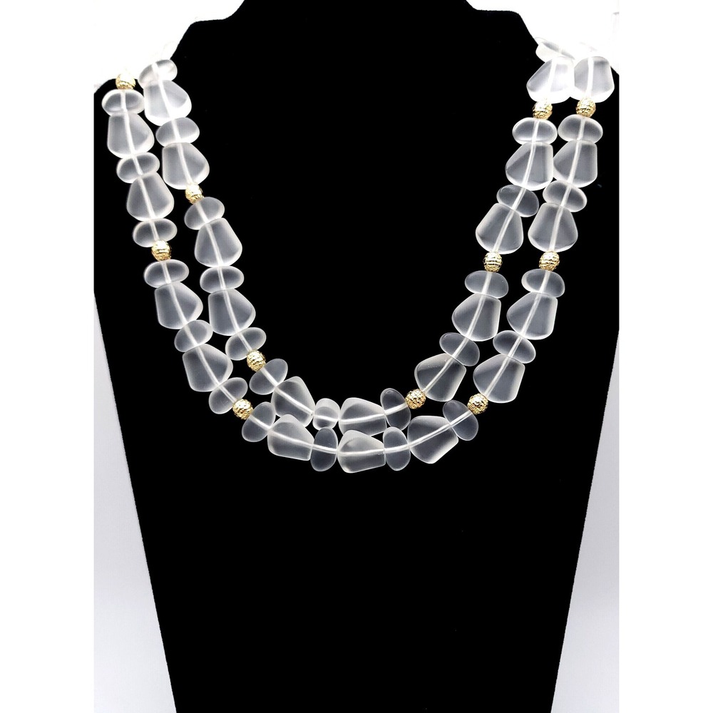 Talbots Double Strand Necklace White Glass Beads Gold Tone
